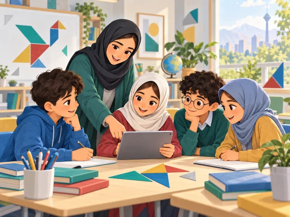 معلم و دانشآموزان در حال یادگیری گروهی با ابزارهای دیجیتال