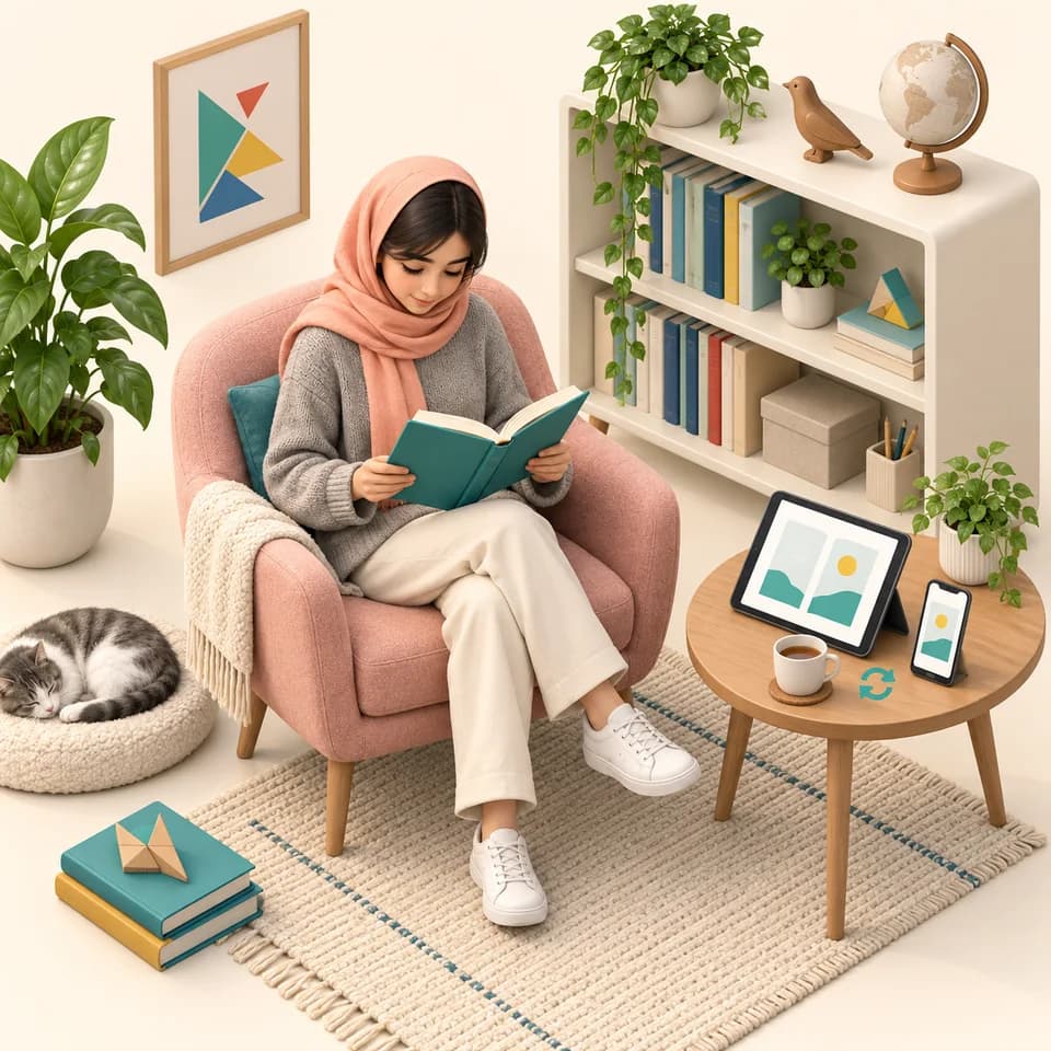 دانشآموز دختر در حال مطالعه کتاب در کنار تبلت و گوشی برای دسترسی به کتابهای لرنیتو