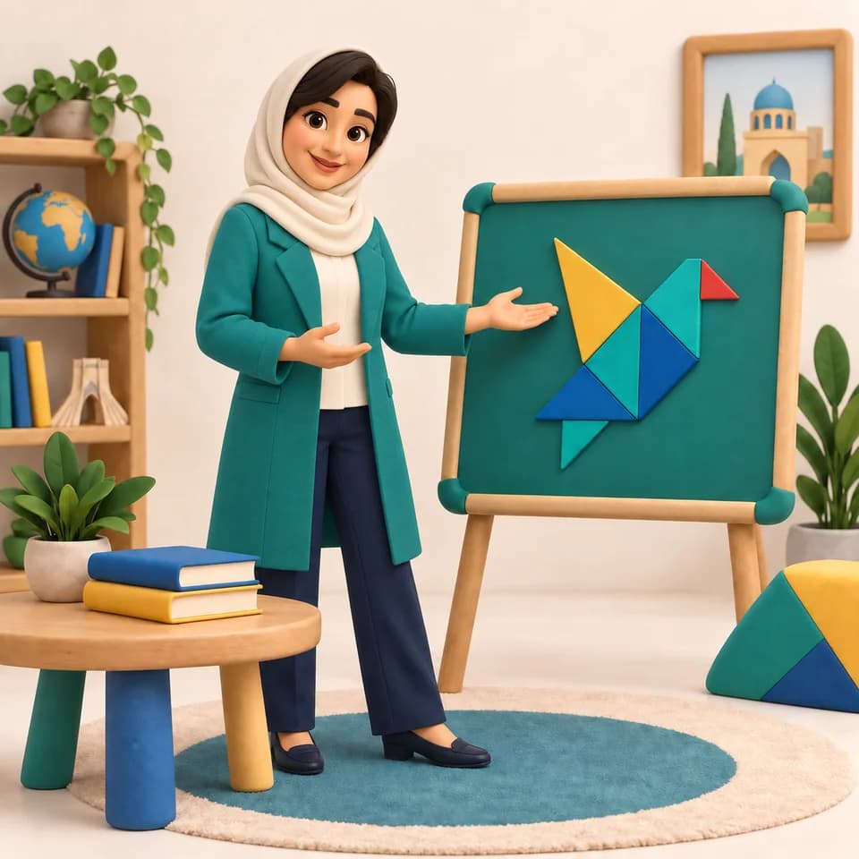 دبیر زن در حال آموزش با شکل تانگرام روی تخته کلاس