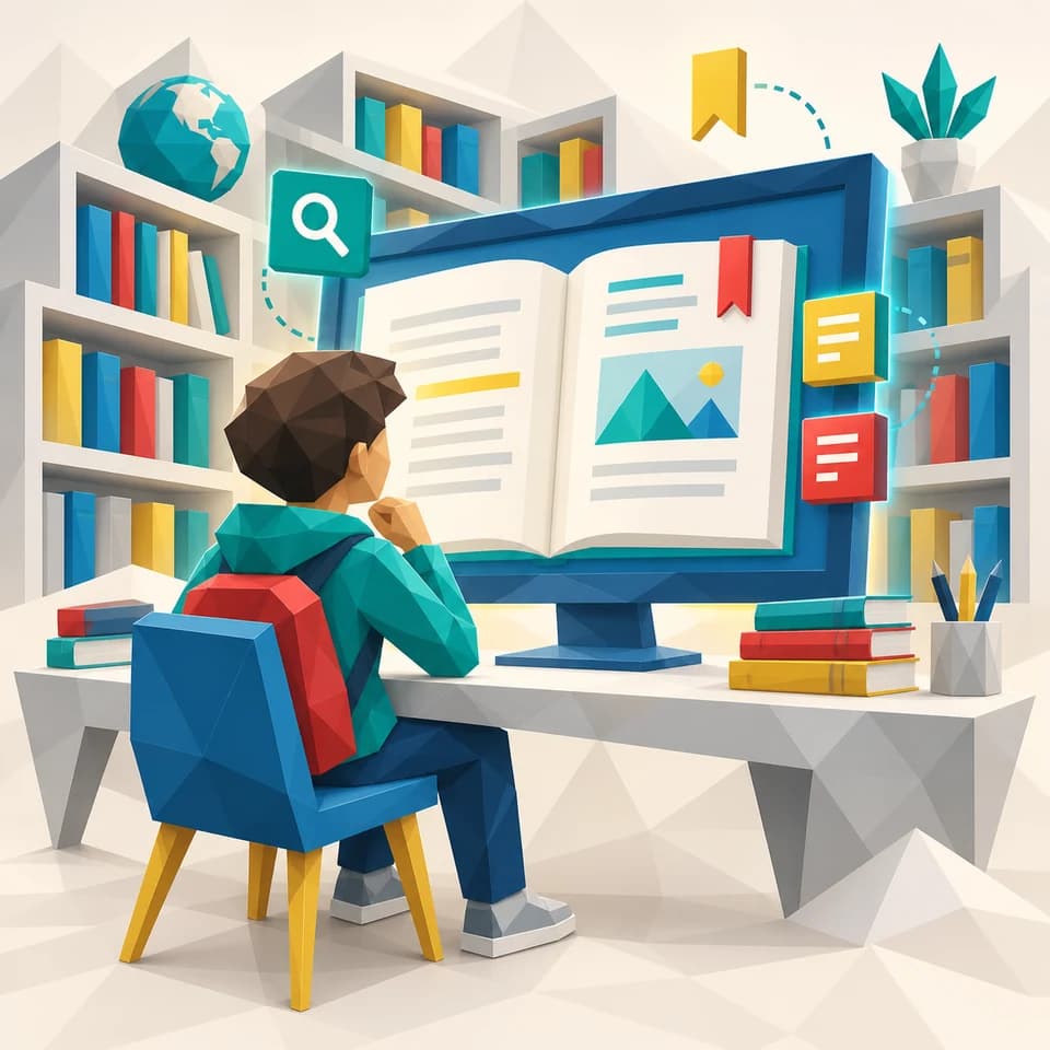 دانشآموز مقابل یک کتاب دیجیتال باز روی نمایشگر بزرگ