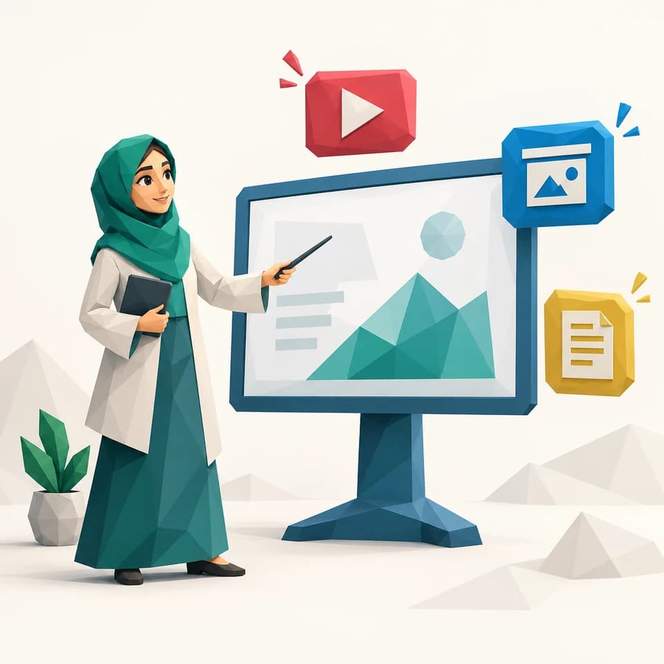 دبیر زن با روسری در حال تدریس روی تختهی سفید مجازی