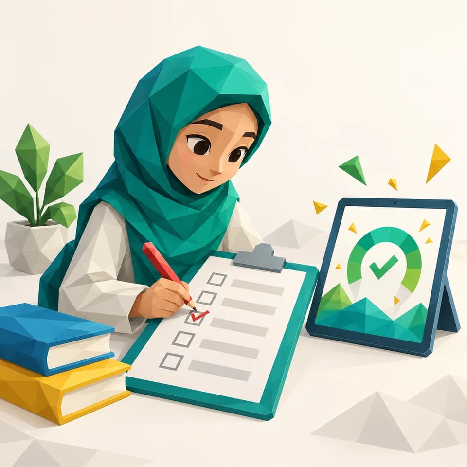 دانشآموز دختر با روسری در حال پاسخدادن به آزمون آنلاین