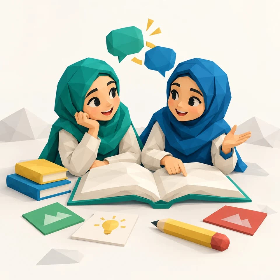 دو دانشآموز دختر با روسری در حال مطالعهی گروهی کنار کتاب باز