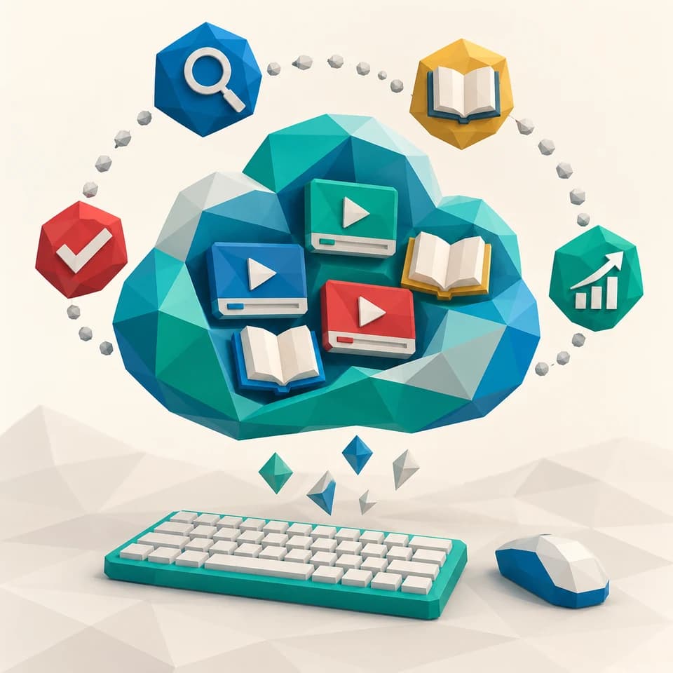 کتابخانهی ابری درسها در کنار صفحهکلید و ماوس